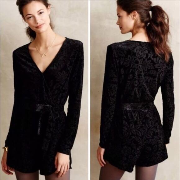 Anthropologie Saylor Black Burnout Velvet Belted Romper - Picture 1 of 7